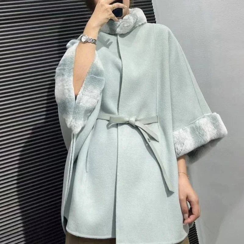 Winter Rex Rabbit Fur Collar Cape Soft Wool Shawl Elegant Women Designer Poncho