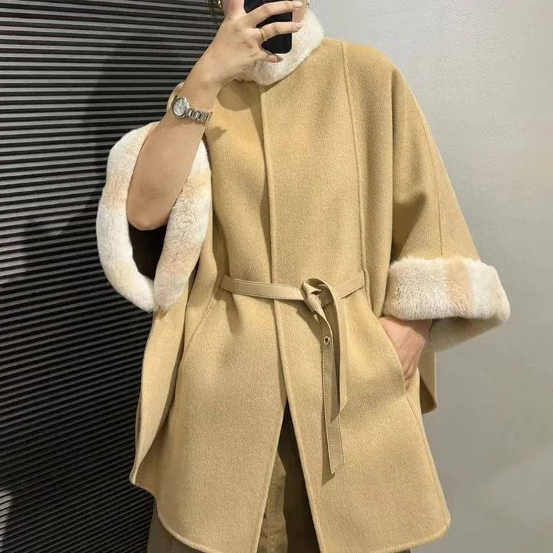 Winter Rex Rabbit Fur Collar Cape Soft Wool Shawl Elegant Women Designer Poncho