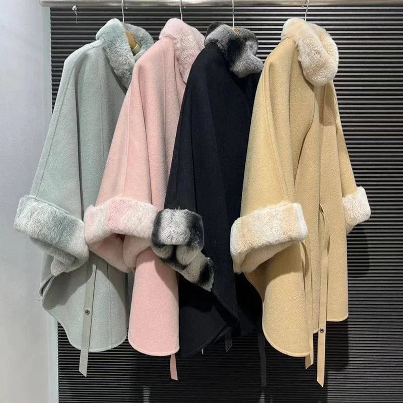 Winter Rex Rabbit Fur Collar Cape Soft Wool Shawl Elegant Women Designer Poncho