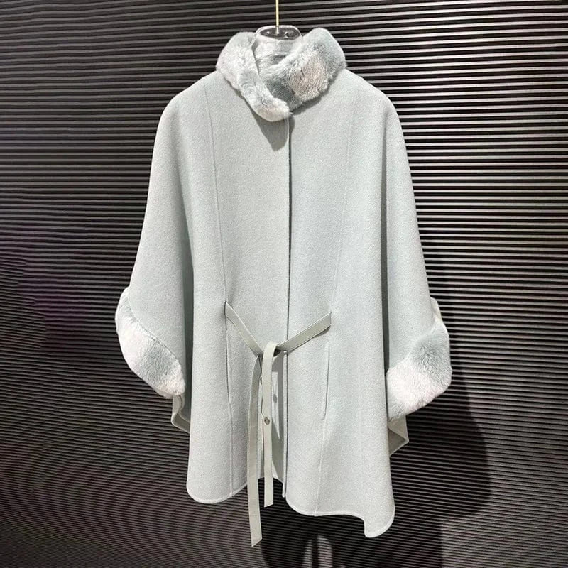 Winter Rex Rabbit Fur Collar Cape Soft Wool Shawl Elegant Women Designer Poncho