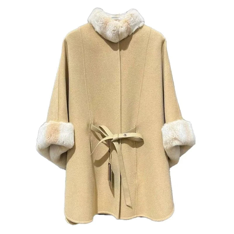 Winter Rex Rabbit Fur Collar Cape Soft Wool Shawl Elegant Women Designer Poncho
