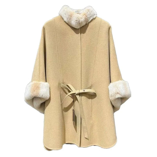 Winter Rex Rabbit Fur Collar Cape Soft Wool Shawl Elegant Women Designer Poncho