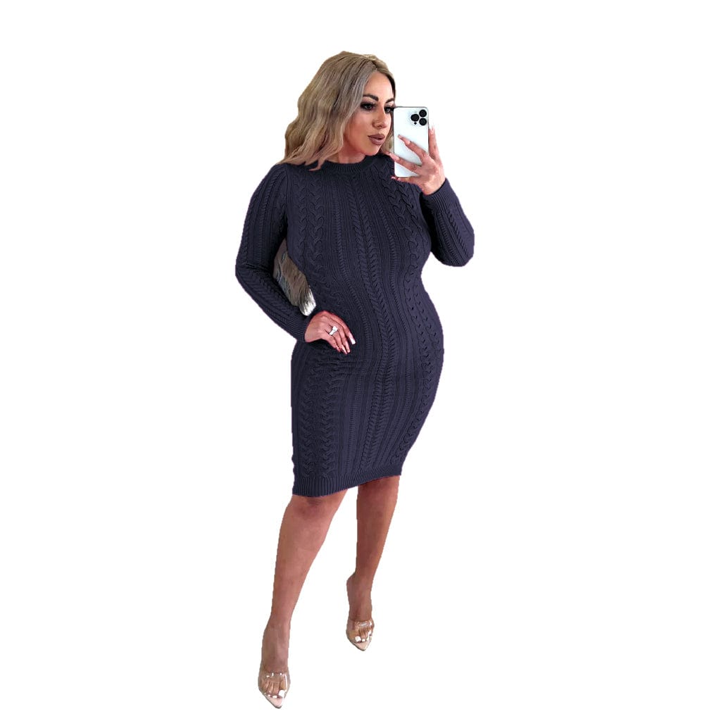 Winter Sexy Long-sleeved Fashion Exclusive Knit Round Neck Backless Sweater Dresses