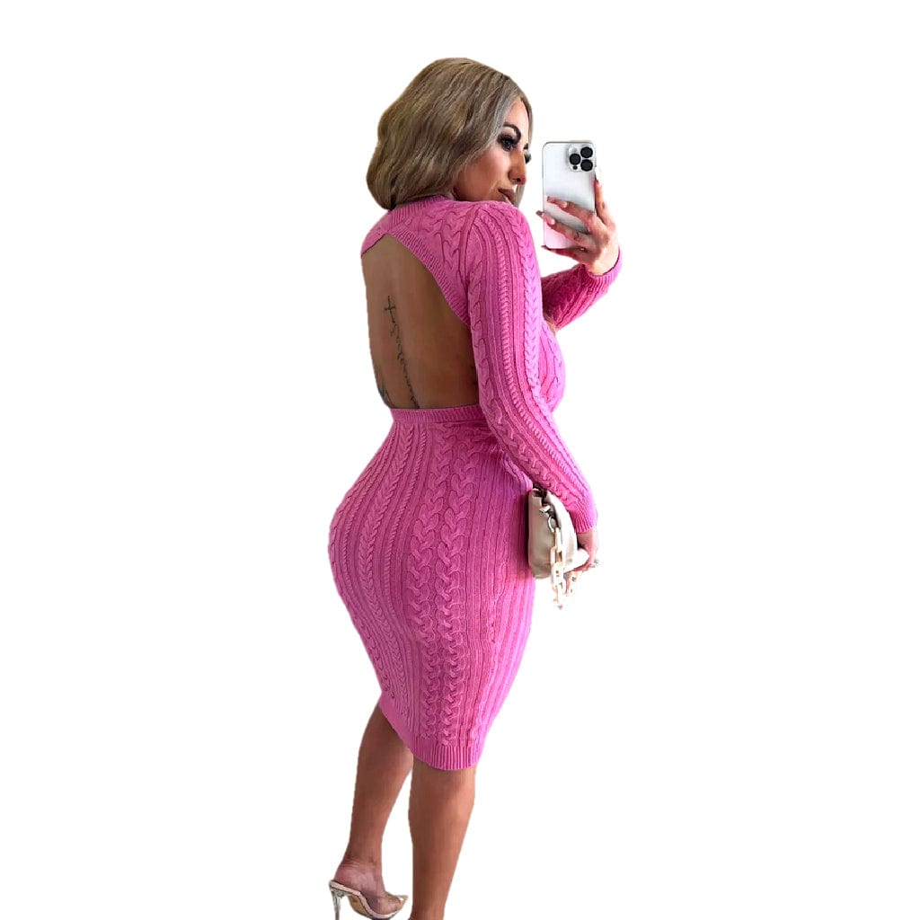 Winter Sexy Long-sleeved Fashion Exclusive Knit Round Neck Backless Sweater Dresses
