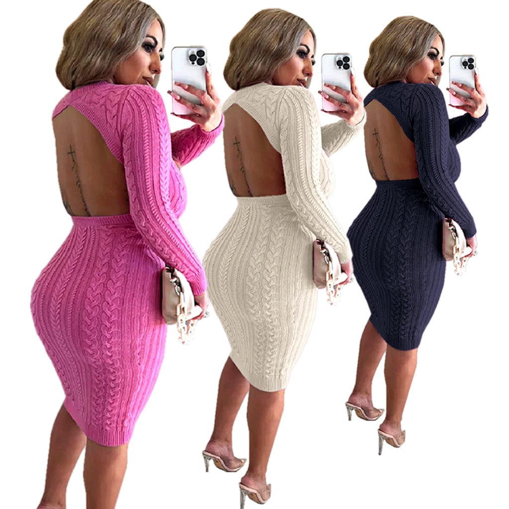 Winter Sexy Long-sleeved Fashion Exclusive Knit Round Neck Backless Sweater Dresses