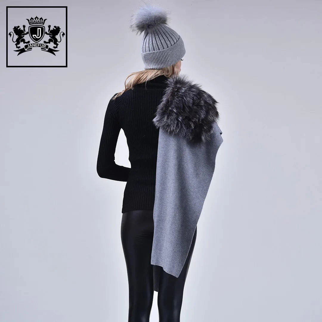 Winter Spring Autumn new arrival grey winter pashmina scarf luxury fashion  women wool shawl with fox fur