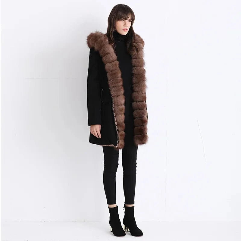Winter Thick Black Solid Color Hooded Long Genuine Cashmere Wool Coat Women with Fox Fur Tirm