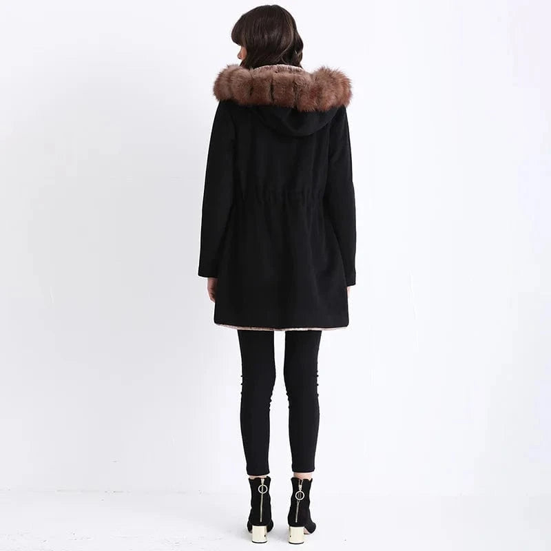 Winter Thick Black Solid Color Hooded Long Genuine Cashmere Wool Coat Women with Fox Fur Tirm