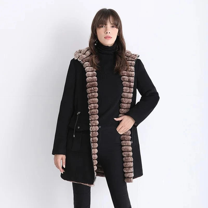Winter Thick Black Solid Color Hooded Long Genuine Cashmere Wool Coat Women with Fox Fur Tirm