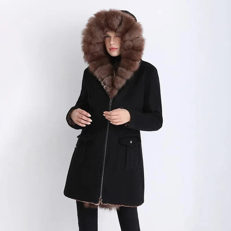 Winter Thick Black Solid Color Hooded Long Genuine Cashmere Wool Coat Women with Fox Fur Tirm