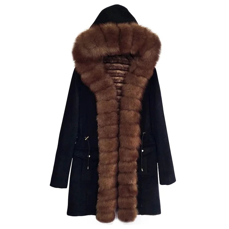 Winter Thick Black Solid Color Hooded Long Genuine Cashmere Wool Coat Women with Fox Fur Tirm