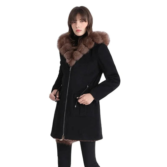 Winter Thick Black Solid Color Hooded Long Genuine Cashmere Wool Coat Women with Fox Fur Tirm