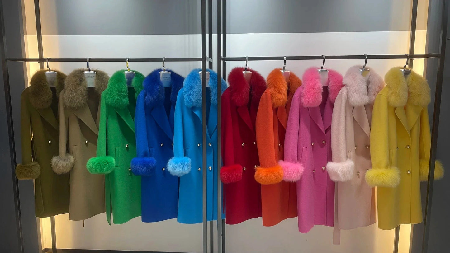 Winter Trend Real Fox Fur Collar Cashmere Wool Coat with Fur Cuffs