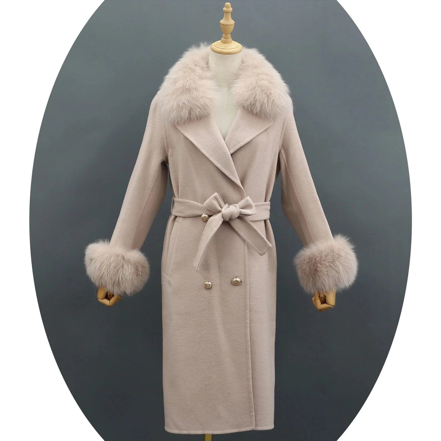 Winter Trend Real Fox Fur Collar Cashmere Wool Coat with Fur Cuffs