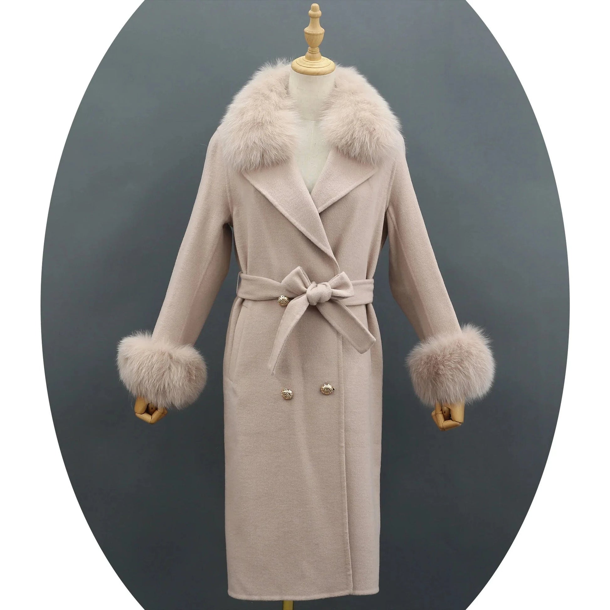 Winter Trend Real Fox Fur Collar Cashmere Wool Coat with Fur Cuffs