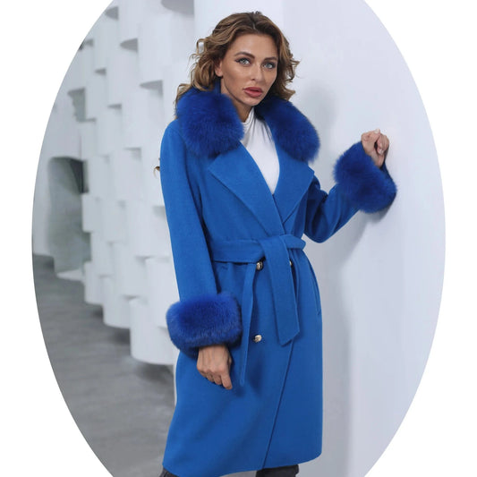 Winter Trend Real Fox Fur Collar Cashmere Wool Coat with Fur Cuffs