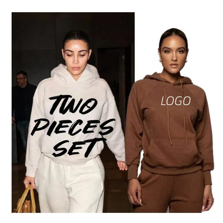 Winter Two Piece Pant Set Women Long Sleeve Hoodie Lounge Set 330GSM Fleece Anti Pilling Jogger Sweat Pants