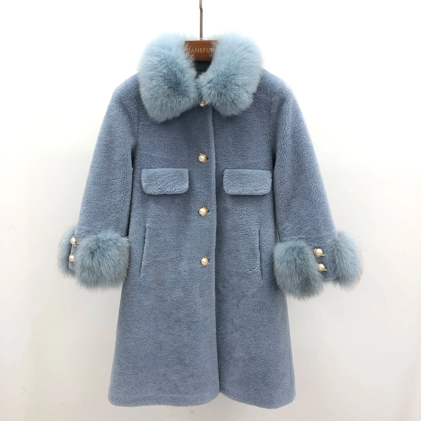 Winter warm genuine fox fur collar and cuff women real sheep shearling coat
