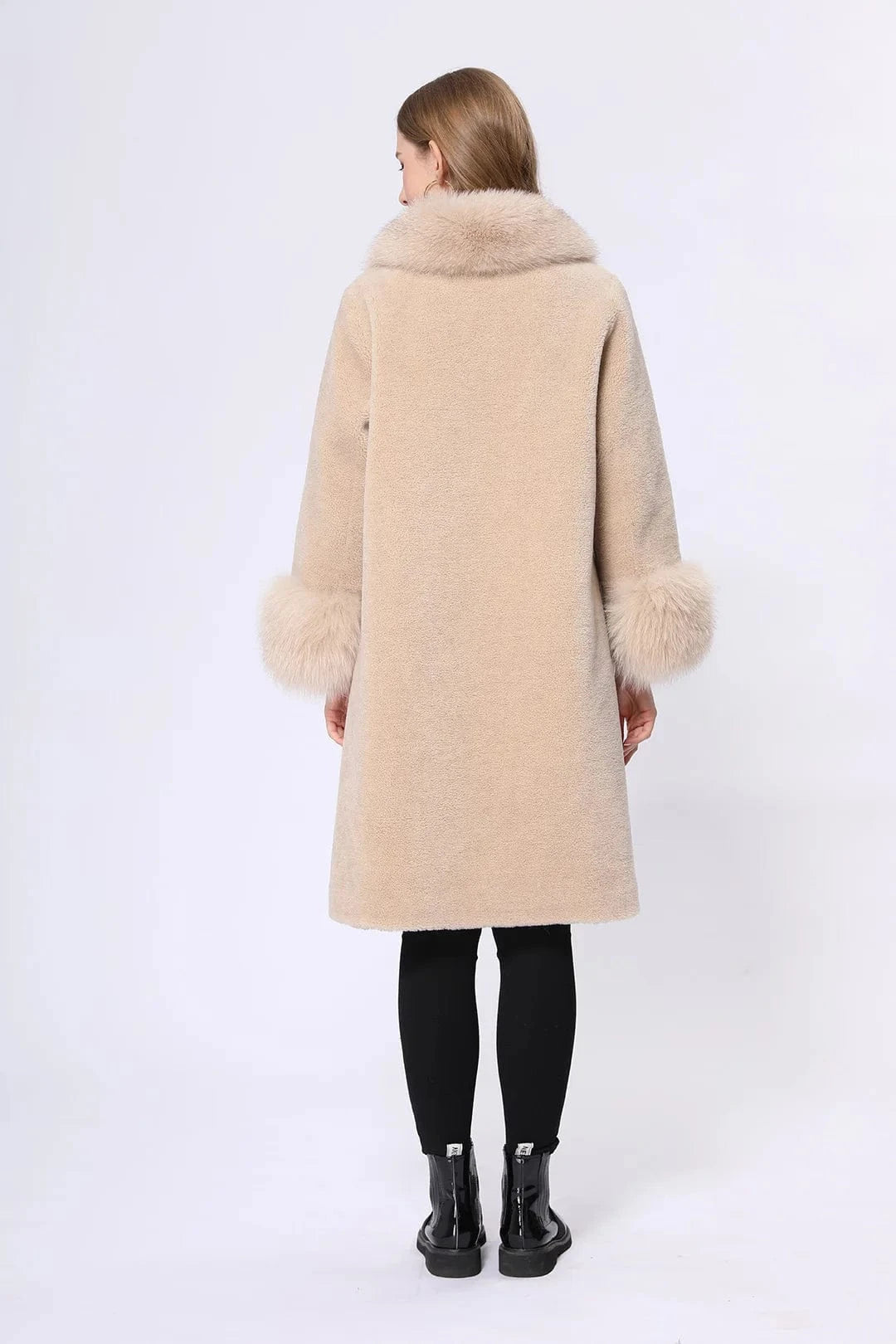 Winter warm genuine fox fur collar and cuff women real sheep shearling coat