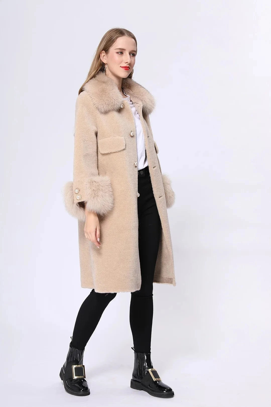 Winter warm genuine fox fur collar and cuff women real sheep shearling coat