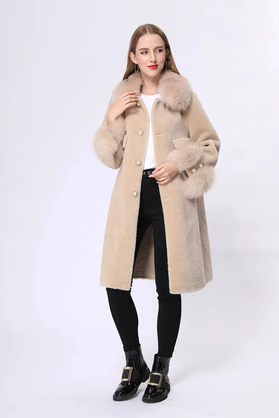 Winter warm genuine fox fur collar and cuff women real sheep shearling coat