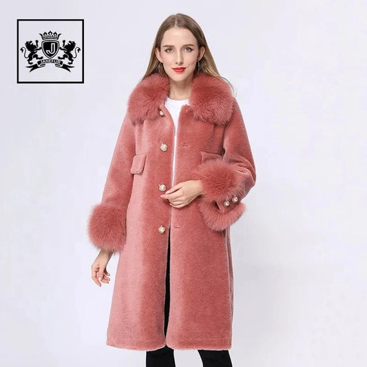 Winter warm genuine fox fur collar and cuff women real sheep shearling coat