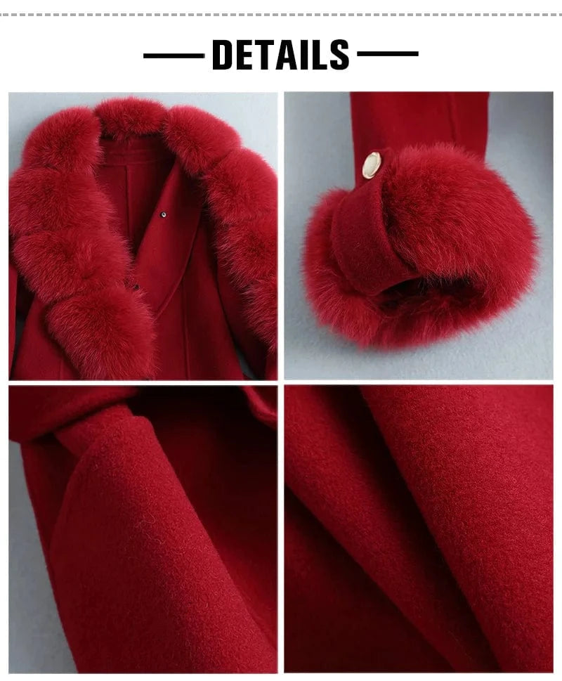 Winter Warm Solid Color Woolen Trench Coat Long Women Red Cashmere Wool Coat with Fox Fur Collar