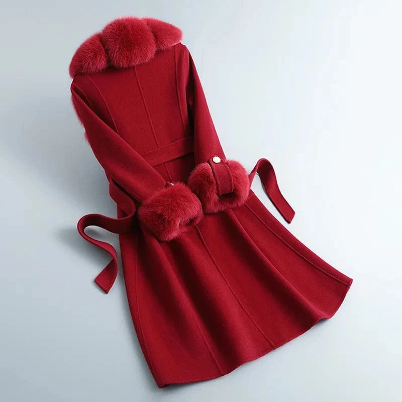 Winter Warm Solid Color Woolen Trench Coat Long Women Red Cashmere Wool Coat with Fox Fur Collar