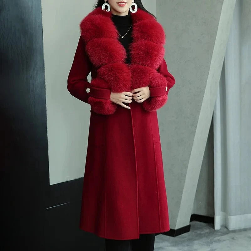 Winter Warm Solid Color Woolen Trench Coat Long Women Red Cashmere Wool Coat with Fox Fur Collar