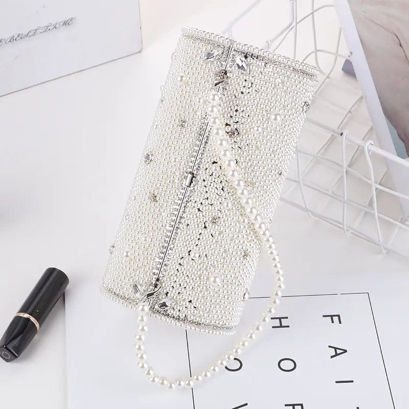 Winter White Light Luxury High Quality Rhinestone Handbag For Women With Handmade Stick Pearl Cylinder Plated Silver Handbag With Evening Bag
