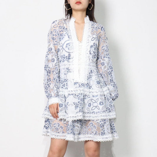 Wom Clothes Habits Femmes Designer Clothes Famous Brands Women Stand Collar Long Sleeve Layered Lace Ladies Dress