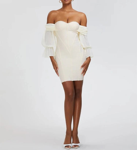 Woman Clothes Off Shoulder Half Mesh Sleeve Dress For Evening Party