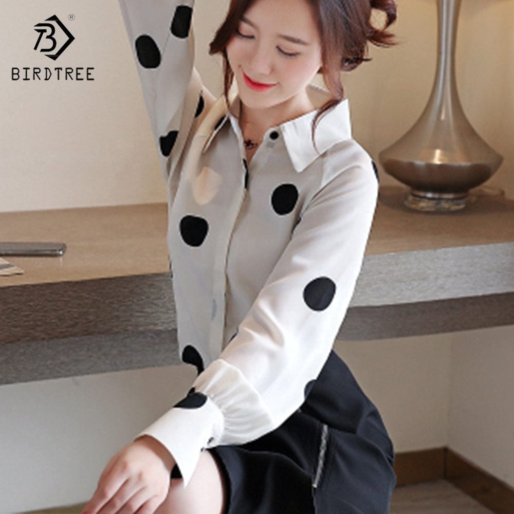 Woman Long Sleeve Shirts Elegant Dot Printing Turn Down Collar Workwear Office Slim Chiffon Blouses Shirt Tops Autumn