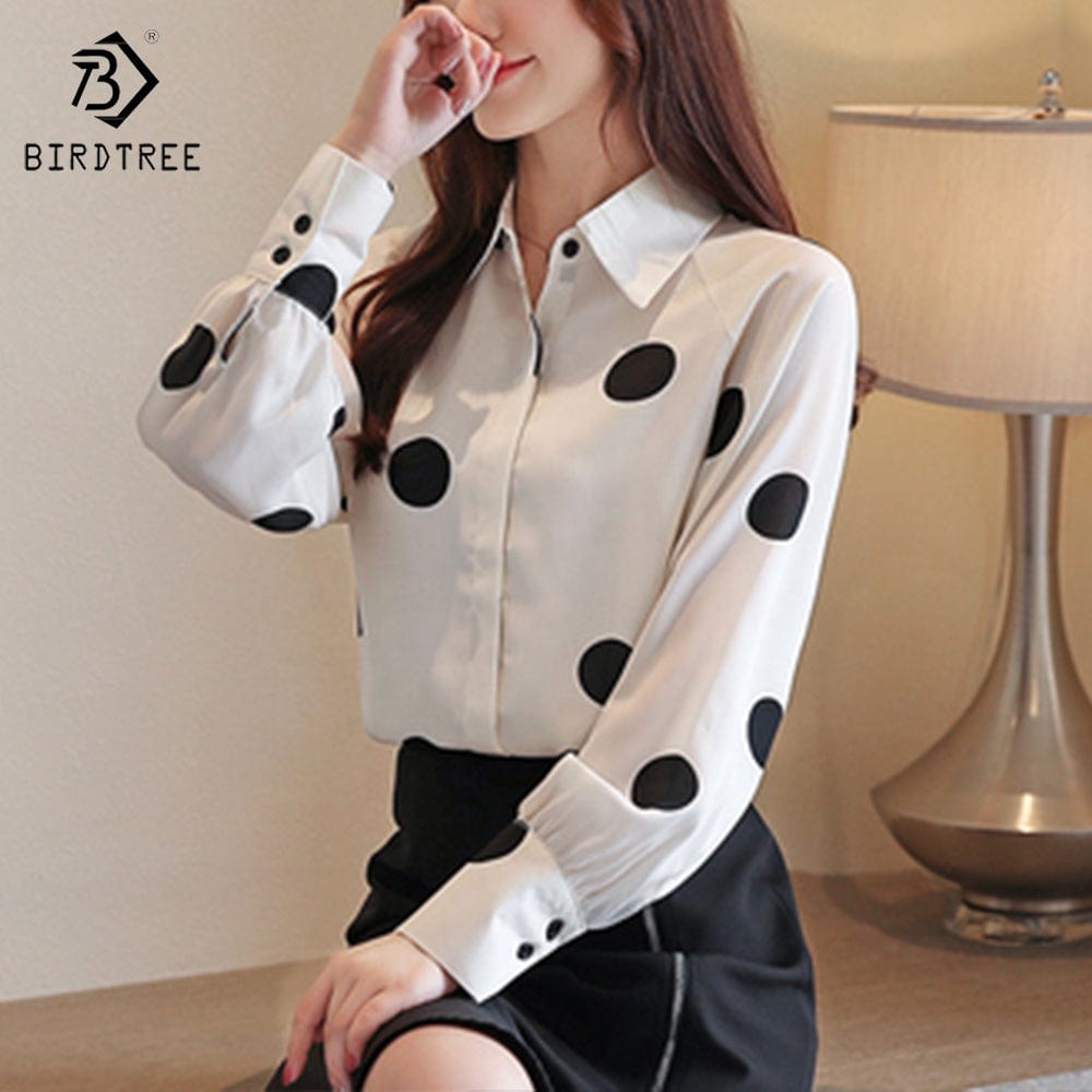 Woman Long Sleeve Shirts Elegant Dot Printing Turn Down Collar Workwear Office Slim Chiffon Blouses Shirt Tops Autumn
