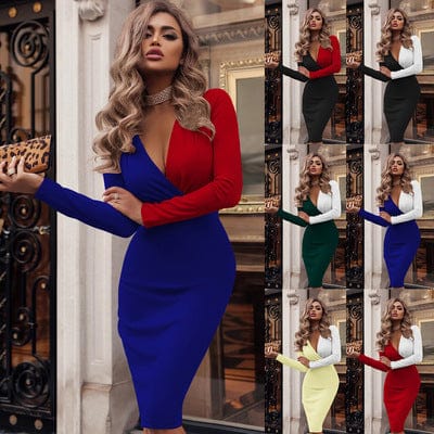 Woman Spring Dress Long Sleeve Party Dress Deep V Neck Bodycon Dresses Fashion Black White Color Matching Office Lady Bodycon