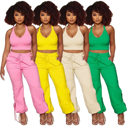 Womans Clothing Tracksuit Summer Two Piece Crop Top Set Club Outfits Joggers Pants Two Piece Pants Set
