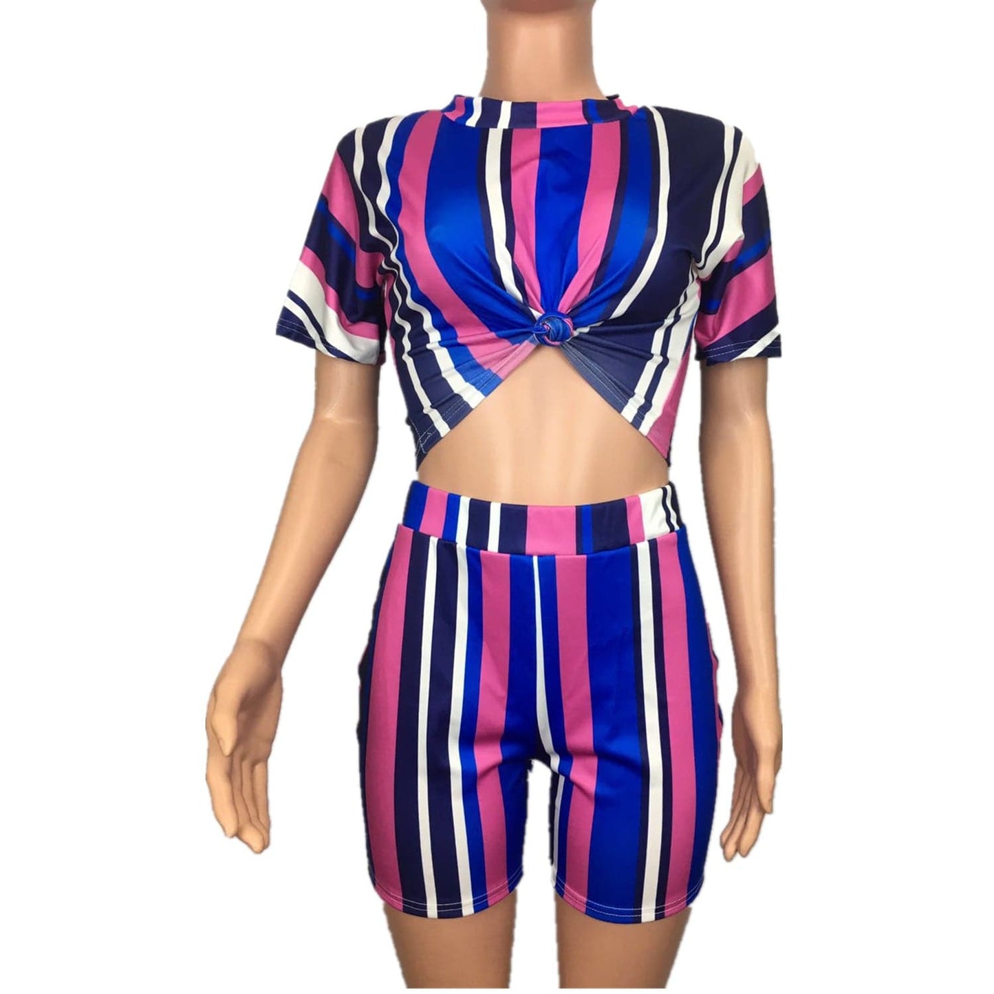 Women 2 Piece Outfits Striped Short Sleeve Crop Tops and Bodycon Shorts Set Tracksuit Jumpsuits Rompers