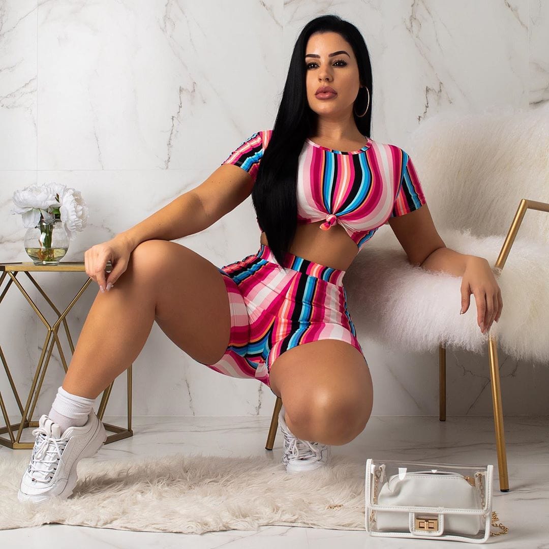 Women 2 Piece Outfits Striped Short Sleeve Crop Tops and Bodycon Shorts Set Tracksuit Jumpsuits Rompers