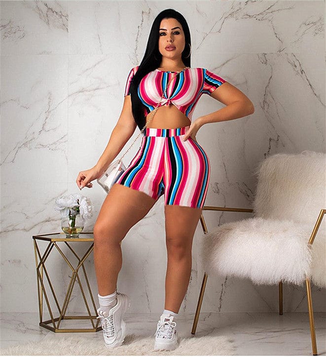Women 2 Piece Outfits Striped Short Sleeve Crop Tops and Bodycon Shorts Set Tracksuit Jumpsuits Rompers