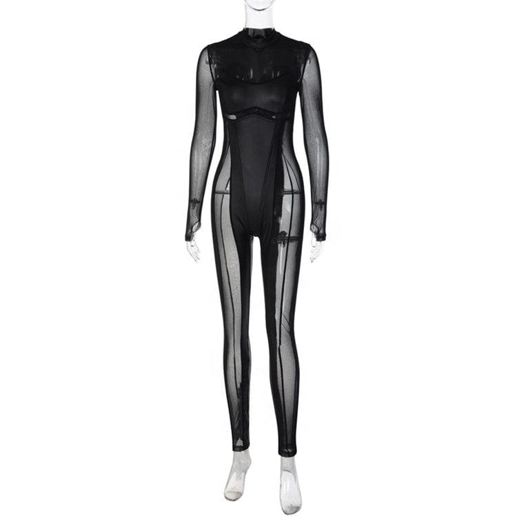 Women 2023 Spring Sexy Long Sleeve Mesh See Through Club Bodycon Black Jumpsuit Overalls