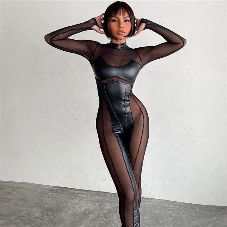 Women 2023 Spring Sexy Long Sleeve Mesh See Through Club Bodycon Black Jumpsuit Overalls