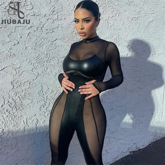 Women 2023 Spring Sexy Long Sleeve Mesh See Through Club Bodycon Black Jumpsuit Overalls