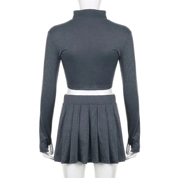 Women 2024 Jacket + Pleated Skirt Ribbed Knitted Embroidery Two Piece Set