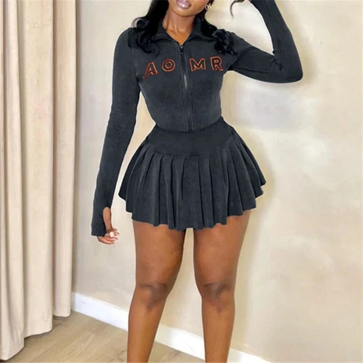 Women 2024 Jacket + Pleated Skirt Ribbed Knitted Embroidery Two Piece Set