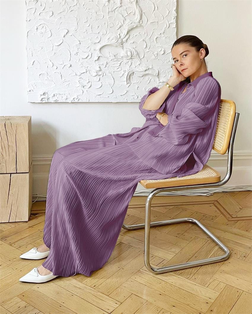 Women 2Pcs Casual Outfits Set Button Down Long Sleeve Shirt Pleated Pants Sets Streetwear Loungewear Matching Sets