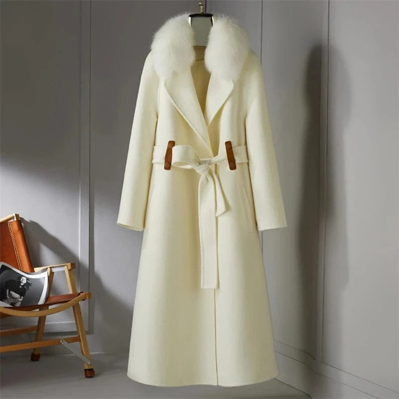 Women 90% wool blends Long coat jacket with real fox fur collar overcoats jackets Trench