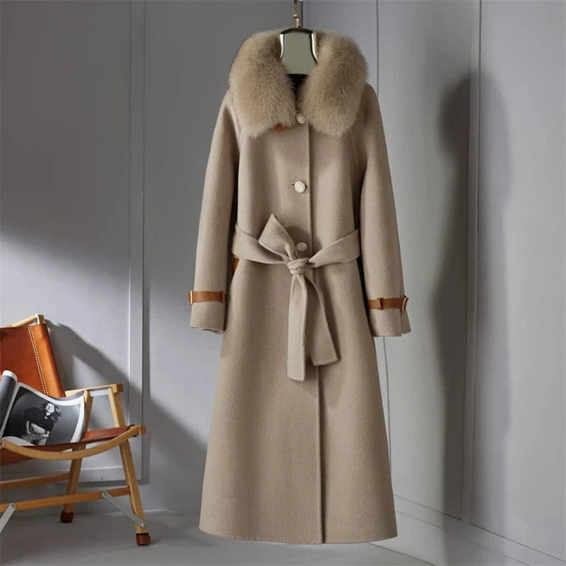 Women 90% wool blends Long coat jacket with real fox fur collar overcoats jackets Trench