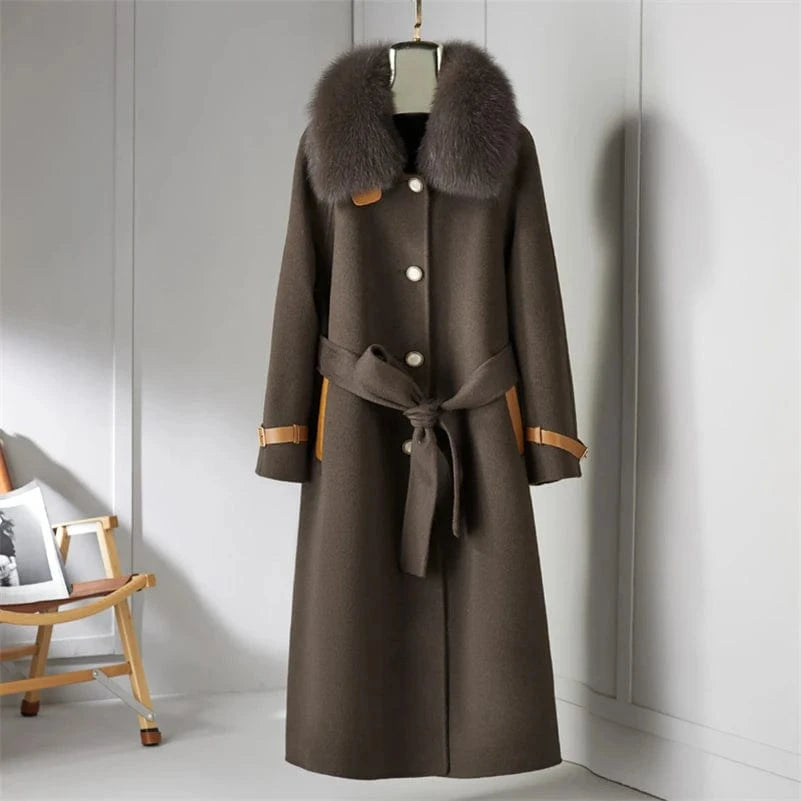 Women 90% wool blends Long coat jacket with real fox fur collar overcoats jackets Trench