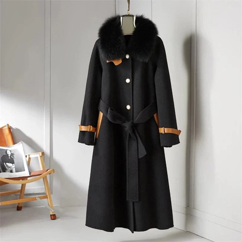 Women 90% wool blends Long coat jacket with real fox fur collar overcoats jackets Trench