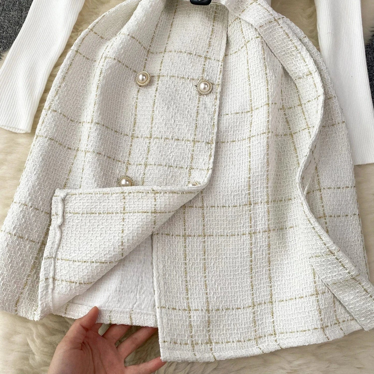 Women A Line Tweed Plaid Spaghetti Straps Dress Two-piece Bottoming Sweater Female Knitted Dress Set